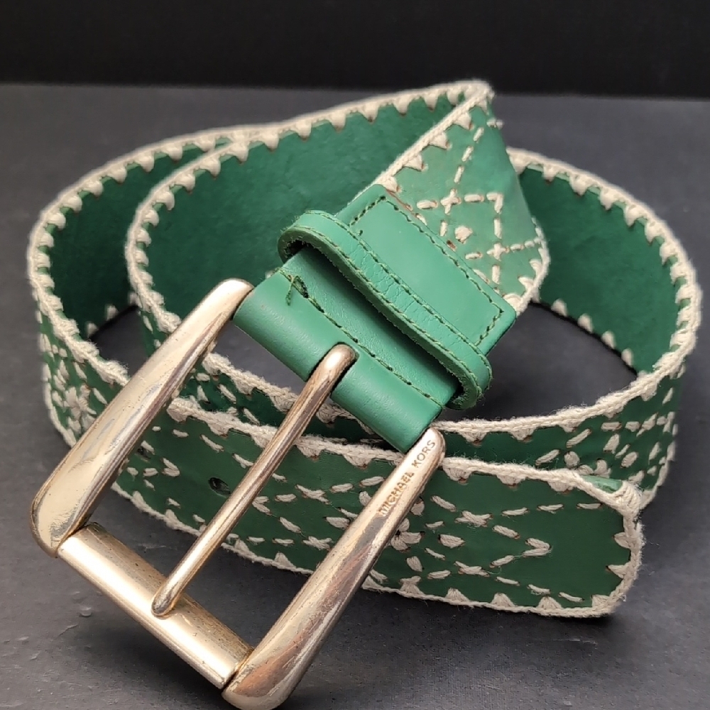 Michael Kors Women's Green Genuine Leather Belt with White Abstract Stitching.